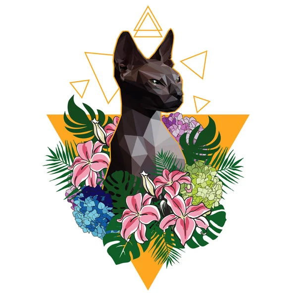 Polygon Katze Sphinx Auf Einem Hintergrund Aus Tropischen Blumen Und — Stockvektor