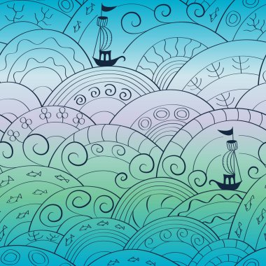 Okyanus Dikişsiz desen şeklinde vektör Illustration. Posterler, kartları, tekstil, web sayfaları için mükemmel tasarım. Güzel çizilmiş. İskandinav tarzı.