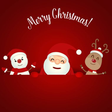 Noel Noel Baba, kardan adam ve Ren geyiği ile Noel tebrik kartı. Vektör çizim.