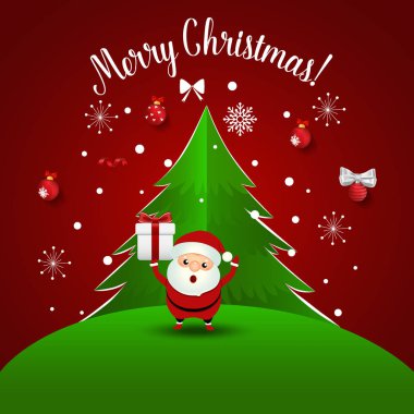 Noel Baba ve Noel ağacı ile Noel tebrik kartı. Vektör illüstrasyonu.