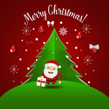 Noel Baba ve Noel ağacı ile Noel tebrik kartı. Vektör illüstrasyonu.