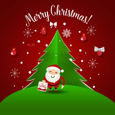 Noel Baba ve Noel ağacı ile Noel tebrik kartı. Vektör illüstrasyonu.