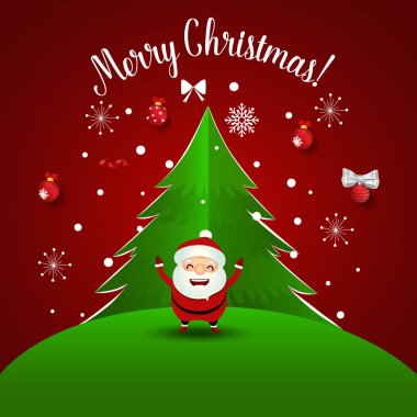 Noel Baba ve Noel ağacı ile Noel tebrik kartı. Vektör illüstrasyonu.