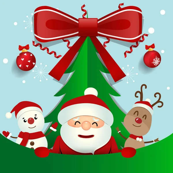 Weihnachtsgrußkarte Mit Weihnachtsmann Schneemann Und Rentieren Vektorillustration — Stockvektor