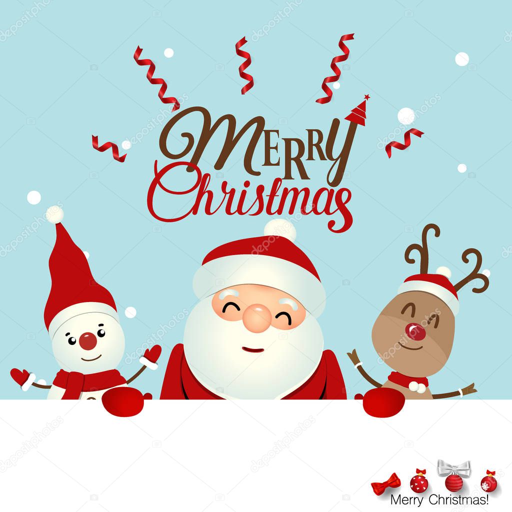 Christmas Greeting Card with Christmas Santa Claus ,Snowman and reindeer. Vector illustration.