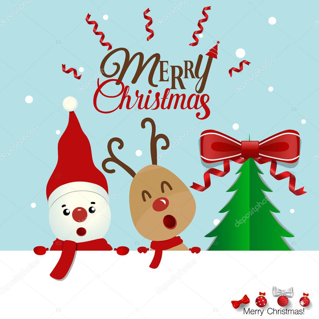 Christmas Greeting Card with Snowman and reindeer. Vector illustration.