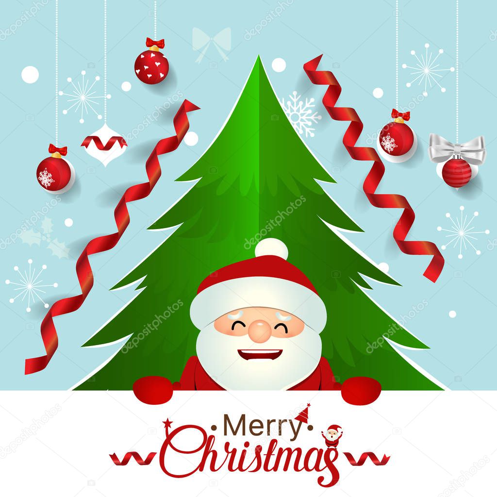 Christmas Greeting Card with Santa Claus, Christmas tree and Christmas decorations. Vector illustration.