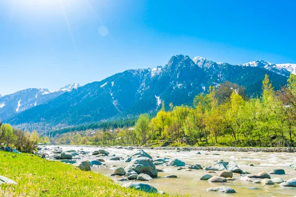 Güzel nehir ve kar kaplı dağlar manzara Kashmir st