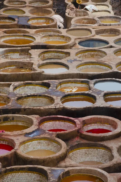 Painting the leather in Fez, the ancient tanneries in the heart of medina