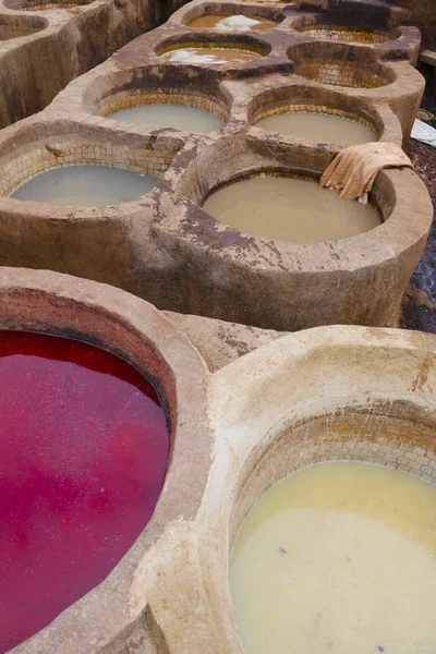 Painting the leather in Fez, the ancient tanneries in the heart of medina