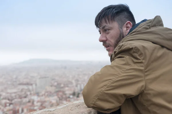 Thoughtful Hipster Man Enjoys View Famous Carmel Bunkers Barcelona — Stock Photo, Image