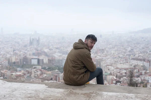 Thoughtful Hipster Man Enjoys View Famous Carmel Bunkers Barcelona — Stock Photo, Image