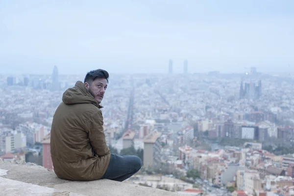 Thoughtful Hipster Man Enjoys View Famous Carmel Bunkers Barcelona — Stock Photo, Image