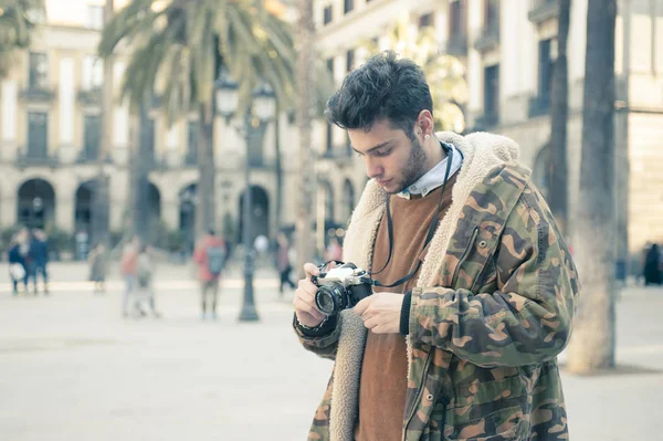 Handsome Young Man Taking Pictures Street — Stock Photo, Image