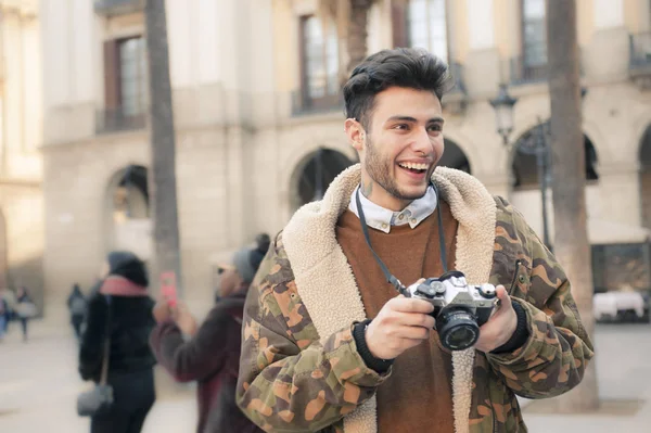 Handsome Young Man Taking Pictures Street — Stock Photo, Image