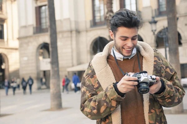 Handsome Young Man Taking Pictures Street — Stock Photo, Image