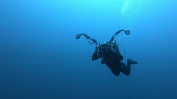 Fotógrafo Submarino Cerca Cámara — Vídeos de Stock