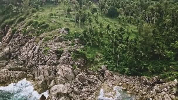 Sobrevolando Una Isla Tropical Olas Rompen Costa Rocosa Bosque Palmeras — Vídeos de Stock