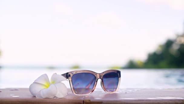 Young Beautiful Girl Wears Sunglasses Pool Tropical Island Sunglasses Plumeria — Stock Video