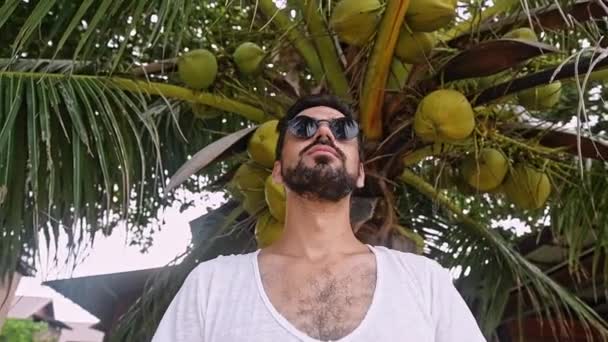 Tipo Camiseta Blanca Está Debajo Una Palmera — Vídeos de Stock