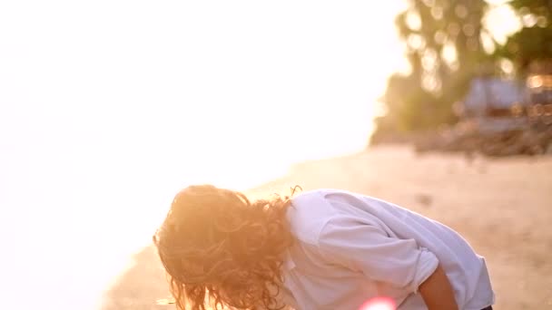 Beautiful Young Woman Walking Shore Tropical Island Sunset Happy Girl — Stock Video