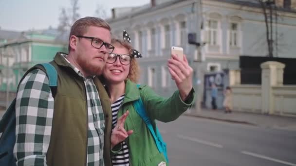 Young Beautiful Couple Makes Selfie Old Town Young Finnish Family — Stock Video