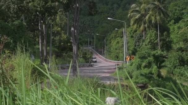 Transporte Viaja Largo Una Estrecha Carretera Asfalto Entre Selva Tropical — Vídeos de Stock
