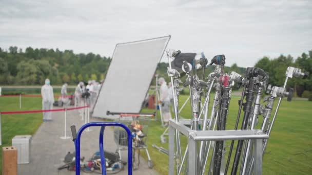 Moskva Červenec2020 Tým Filmařů Práci Dodržování Antivirových Bezpečnostních Opatření Během — Stock video