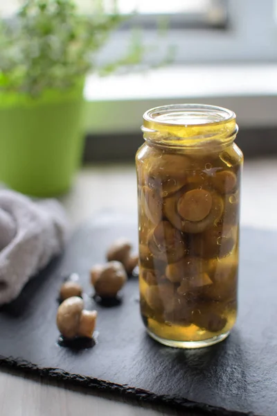 Açılan cam kavanoz konserve mantar taş bir gemide. Kavanoz yakınındaki birkaç küçük mantar.