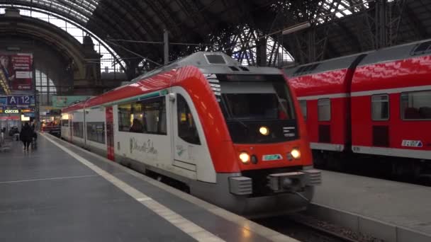 Железнодорожный поезд во Франкфурте Хауптбанхоф. Железнодорожная станция. Франкфурт, Германия, 26.05.2020 — стоковое видео