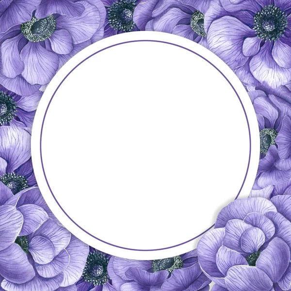 Aquarell Hintergrund Mit Violetten Anemonenblüten Und Platz Für Text — Stockfoto