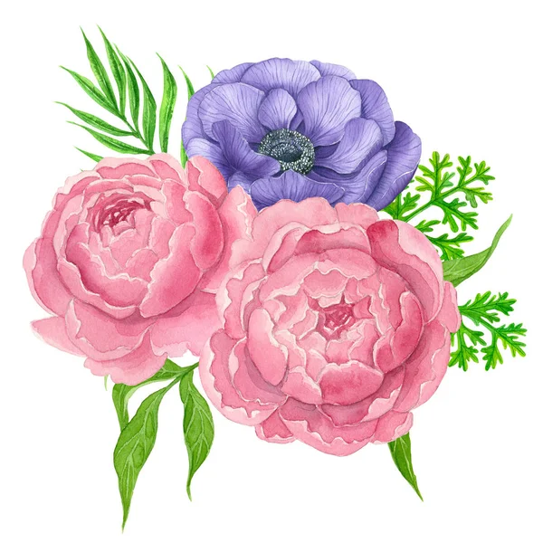 Aquarell Bouquet Von Anemonen Und Pfingstrosen Blumen Isoliert Auf Weißem — Stockfoto