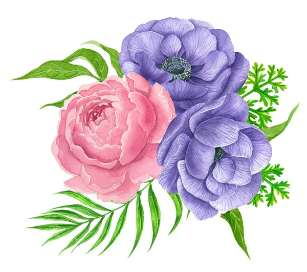 Akvarell Csokor Elszigetelt Fehér Background Szellőrózsa Pünkösdi Rózsa Virág Design — Stock Fotó