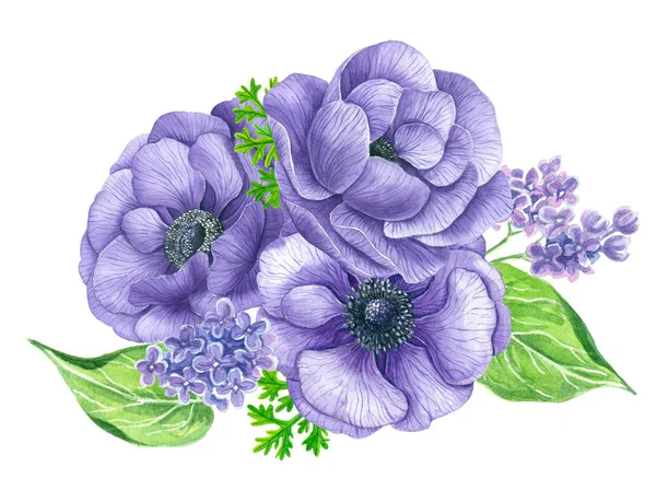 アネモネ および白い背景に分離されたライラック色の花の水彩画の花束 デザインの要素 — ストック写真