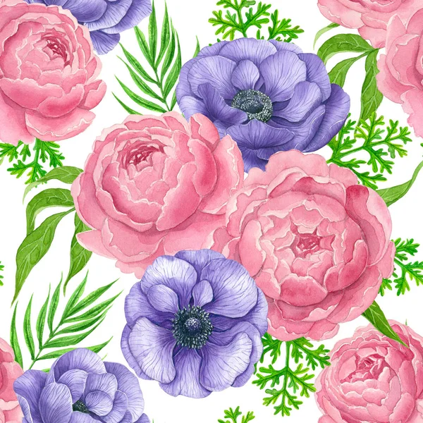 用水彩画的粉红色牡丹和紫莲花花的无缝图案 — 图库照片