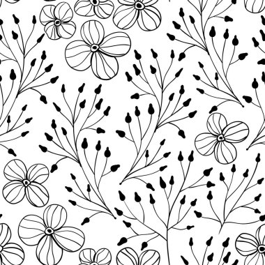 Dikişsiz desen çiçeklerden yapılmış ve stil yaprakları çizilmiş doodle. Tasarım öğesi.