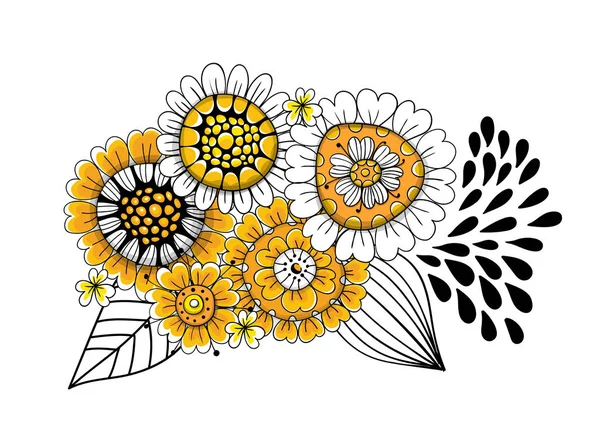Çeşitli Doodled Flowes Yaprakları Buket Tasarım Öğesi — Stok Vektör