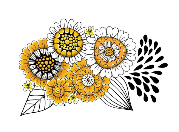 Boeket Van Verschillende Doodled Flowes Bladeren Element Voor Ontwerp — Stockvector