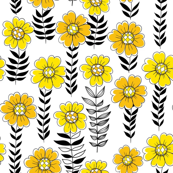 Modello Senza Cuciture Fatto Fiori Foglie Disegnati Stile Doodle Elemento — Vettoriale Stock