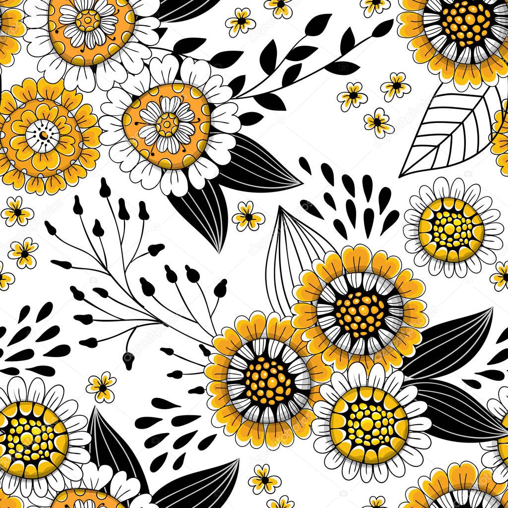 Seamless pattern made of flowers and leaves drawn in doodle style.Element for design.