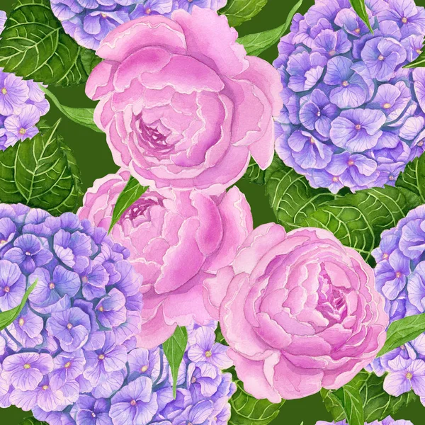 Patrón Inconsútil Hecho Peonía Hortensias Flores Pintadas Con Acuarelas — Foto de Stock