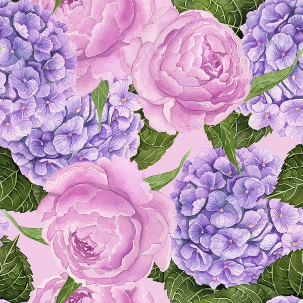 Nahtloses Muster Aus Pfingstrosen Und Hortensienblüten Mit Aquarellen Bemalt — Stockfoto