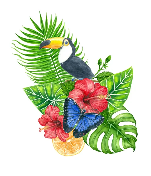 Bukett Tropiska Blad Hibiscus Apelsin Och Toucanpainted Med Akvareller Och — Stockfoto