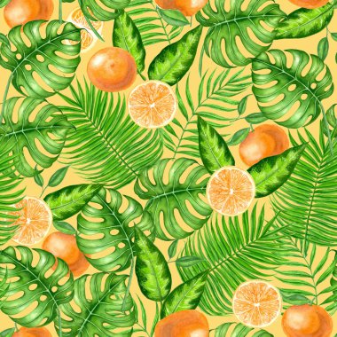 Tropikal yaprak ve portakal yapılmış sorunsuz suluboya desen. 