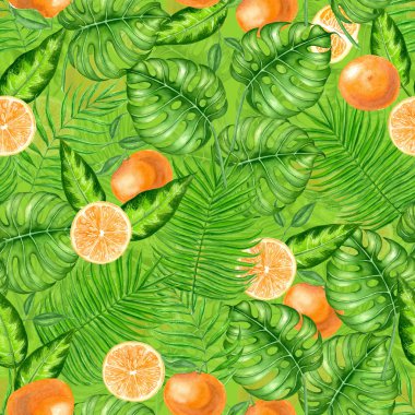 Tropikal yaprak ve portakal yapılmış sorunsuz suluboya desen. 