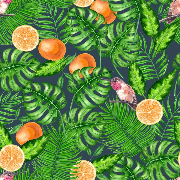 Seamless watercolor tropical pattern with hummingbirds, leaves and oranges.