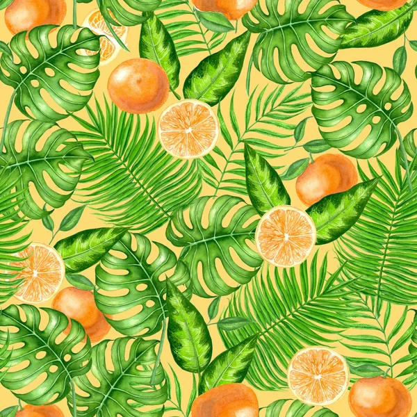 Tropikal yaprak ve portakal yapılmış sorunsuz suluboya desen. 