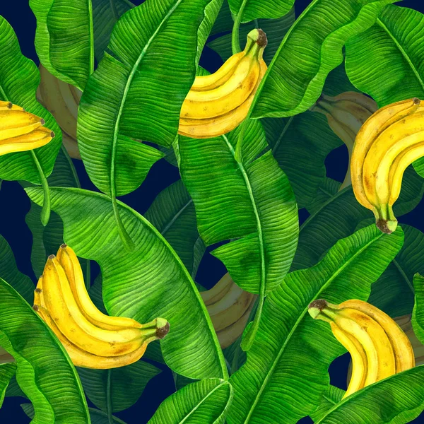 Patrón Acuarela Sin Costuras Con Fruta Hojas Plátano —  Fotos de Stock