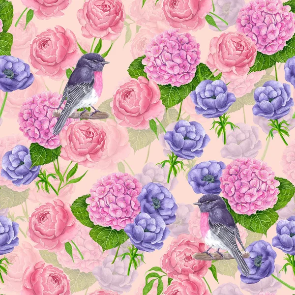 Watercolor pattern with various flowers and robin birds painted with watercolors.