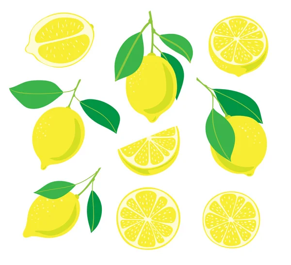 Raccolta Limoni Con Foglie Fette Limone Isolate Fondo Bianco Elementi — Vettoriale Stock